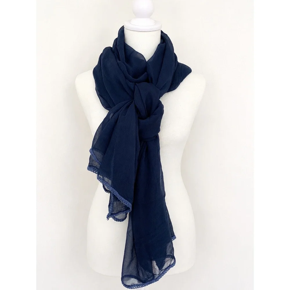 Navy Sheer Scarf 46 x 92 with Delicate Lace Detail Cerulean Blue Rectangle